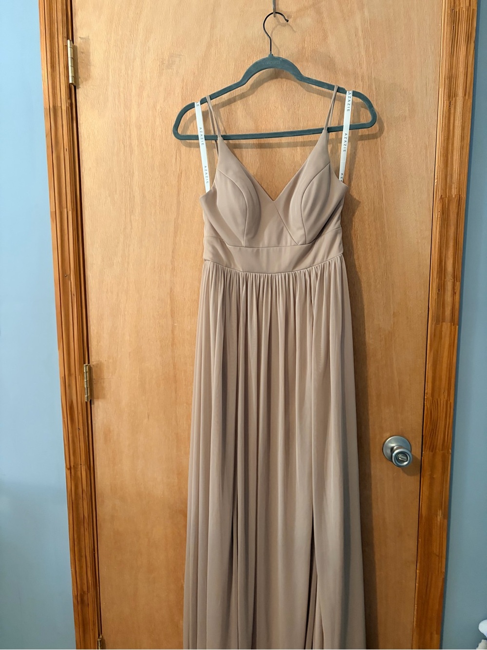 AZAZIE V-Neck Spaghetti Strap Chiffon Bridesmaids Dress Taupe A4